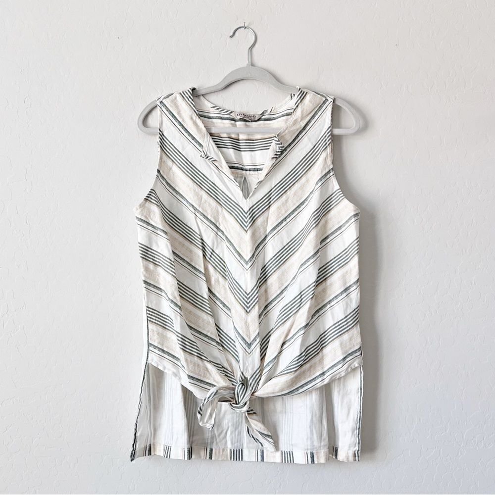 LIVERPOOL Striped Sleeveless Tie Front Top Tunic Stretch Linen Size M Medium